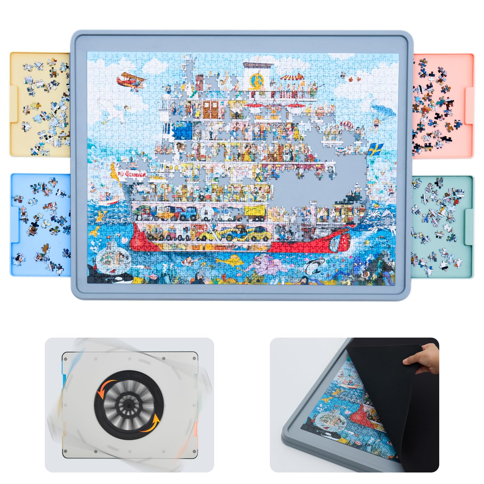 WELGEE 1500-Piece Grey Rotating Puzzle Board with 4-Color Drawers