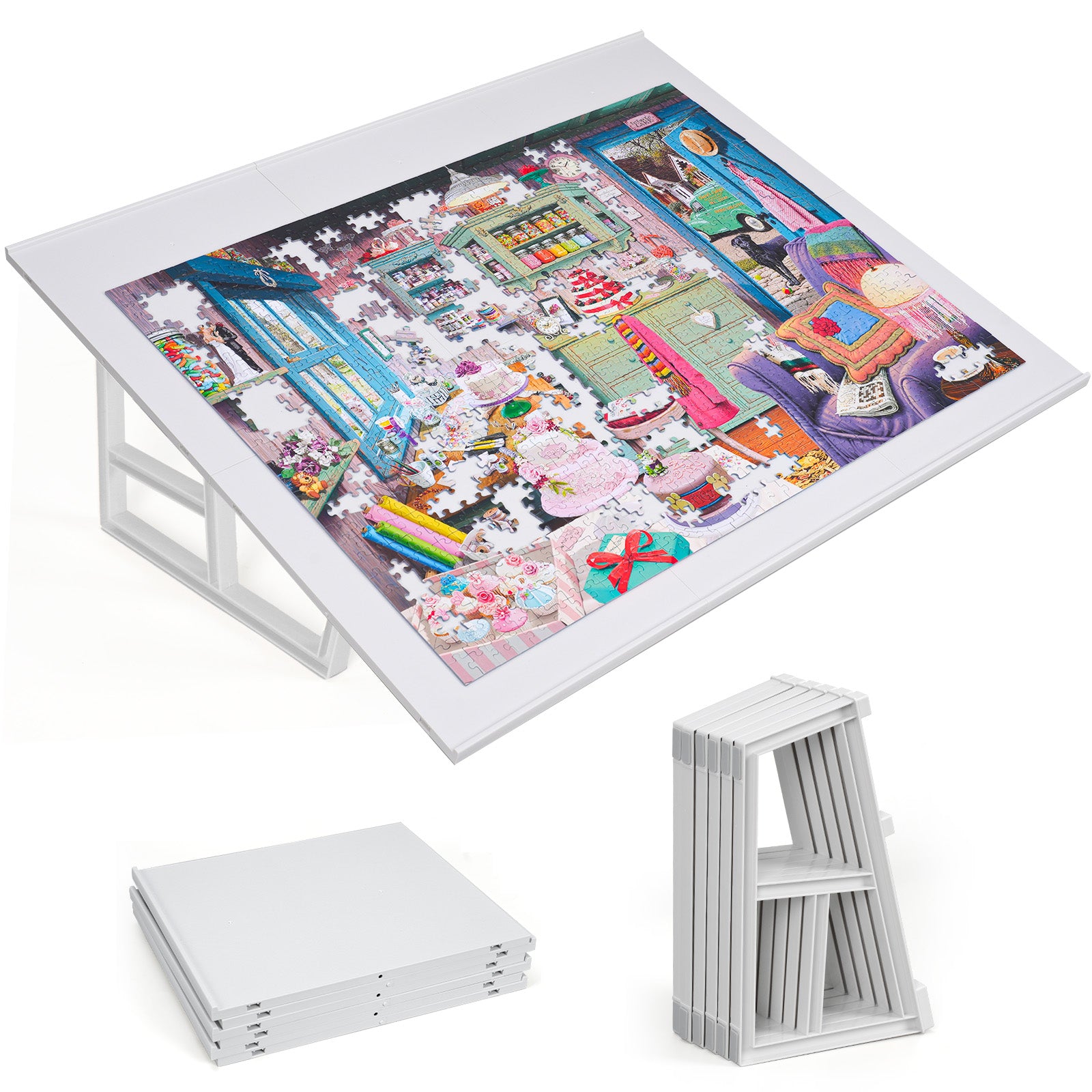 WELGEE DIY Tilting Puzzle Board with 6 Modular Panels & Stand, Lightweight Portable Puzzle Table for Adults & Seniors, Customizable Puzzle Accessory Only 3.5 lbs (White)