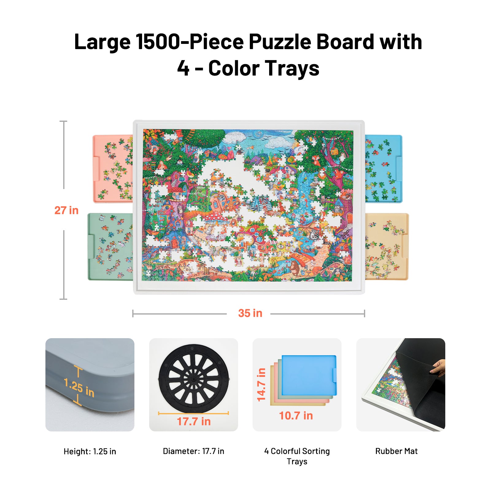 WELGEE 1500-Piece White Rotating Puzzle Board with 4-Color Drawers & Cover – 35"x27" Spinning Table for Adults, Lightweight & Ergonomic