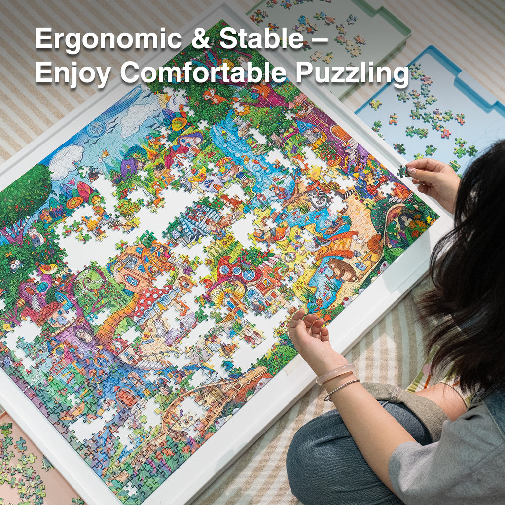 WELGEE 1500-Piece White Rotating Puzzle Board with 4-Color Drawers & Cover – 35"x27" Spinning Table for Adults, Lightweight & Ergonomic