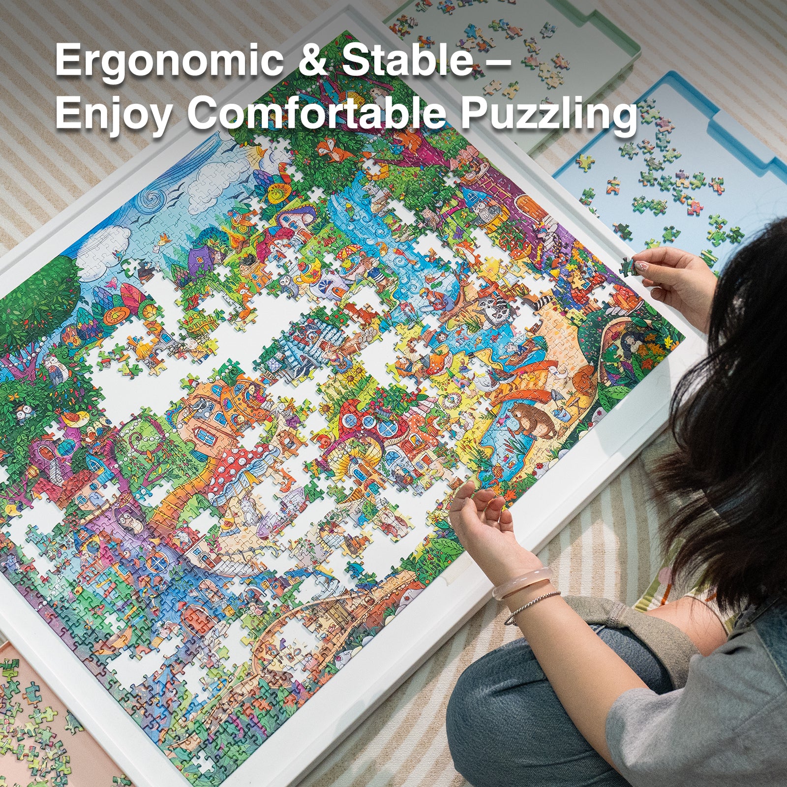 WELGEE 1500-Piece White Rotating Puzzle Board with 4-Color Drawers & Cover – 35"x27" Spinning Table for Adults, Lightweight & Ergonomic