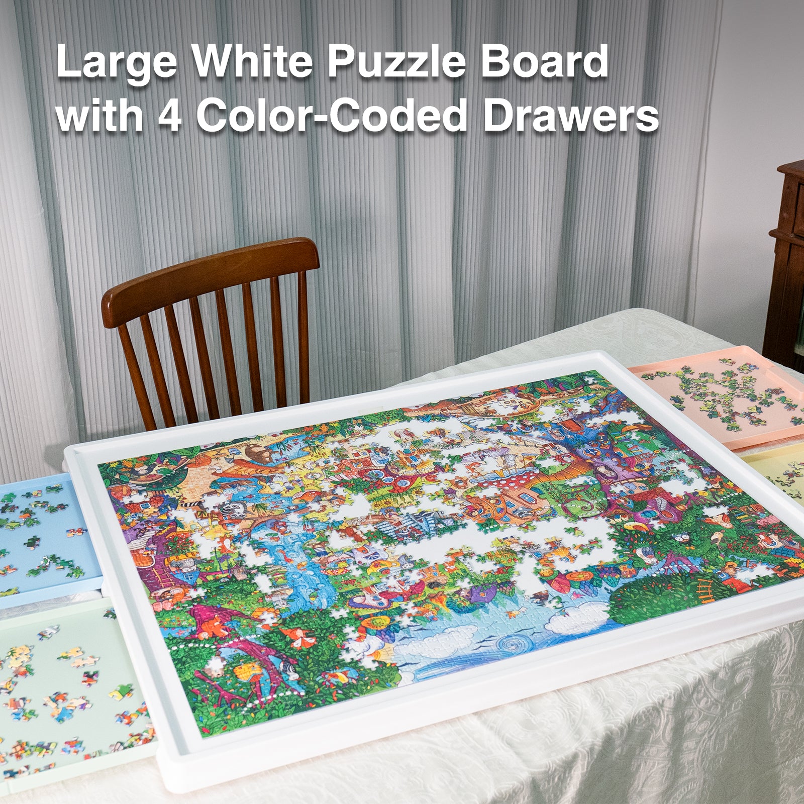 WELGEE 1500-Piece White Rotating Puzzle Board with 4-Color Drawers & Cover – 35"x27" Spinning Table for Adults, Lightweight & Ergonomic