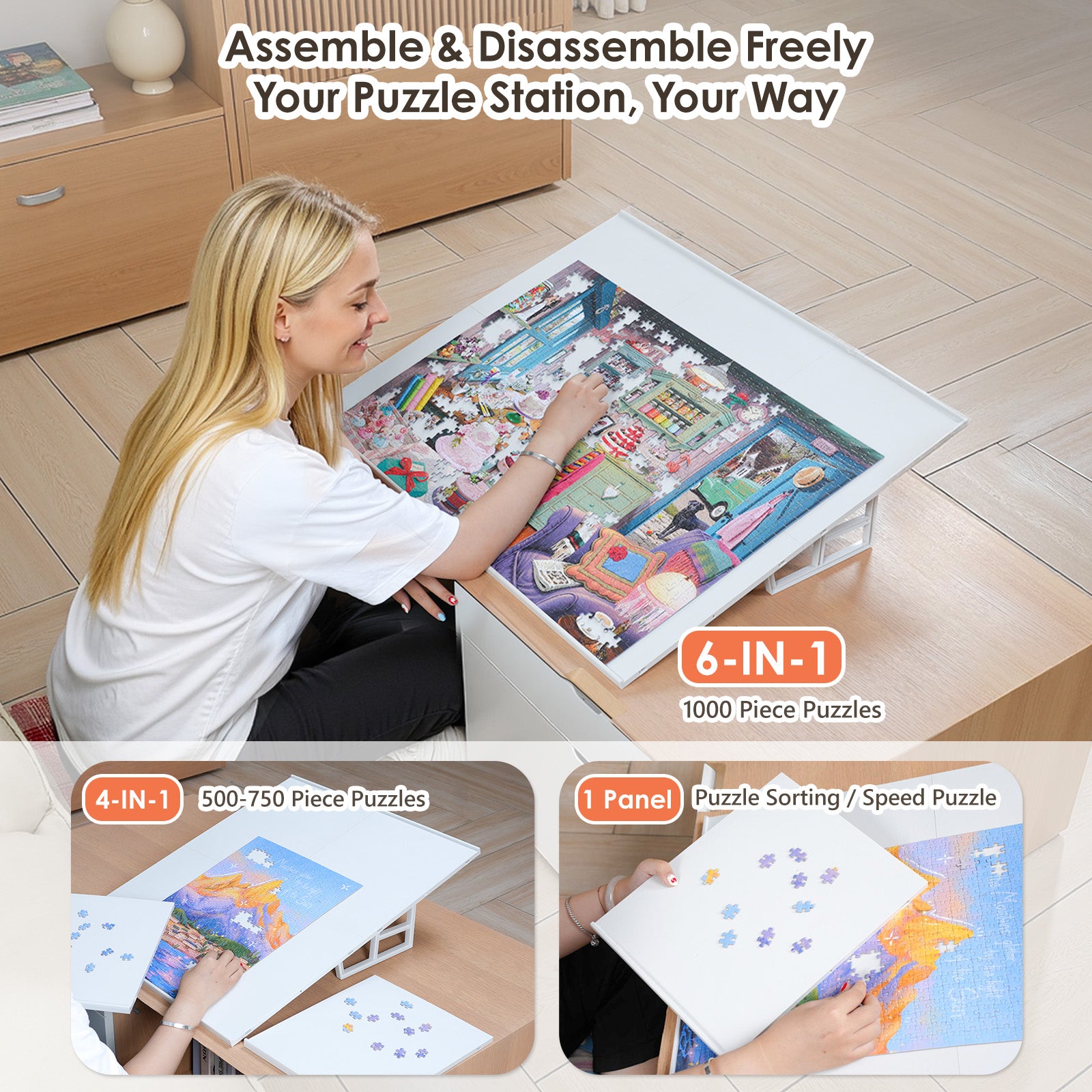 WELGEE DIY Tilting Puzzle Board with 6 Modular Panels & Stand, Lightweight Portable Puzzle Table for Adults & Seniors, Customizable Puzzle Accessory Only 3.5 lbs (White)