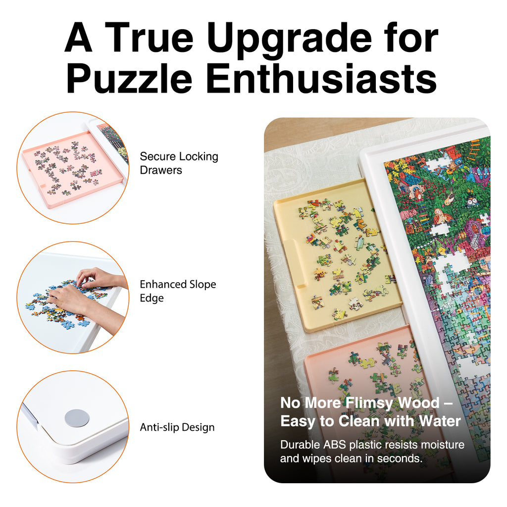 WELGEE 1500-Piece White Rotating Puzzle Board with 4-Color Drawers & Cover – 35"x27" Spinning Table for Adults, Lightweight & Ergonomic