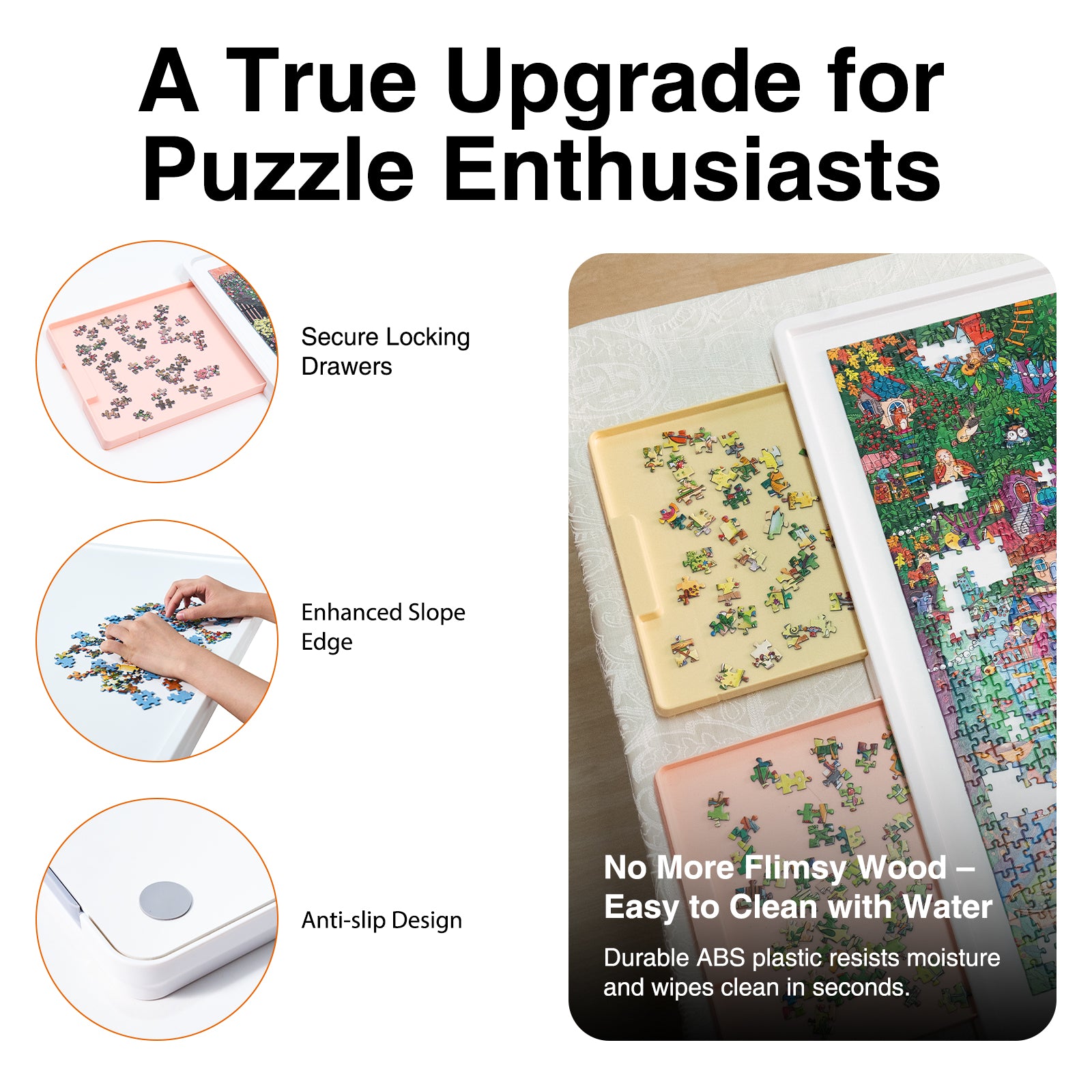 WELGEE 1500-Piece White Rotating Puzzle Board with 4-Color Drawers & Cover – 35"x27" Spinning Table for Adults, Lightweight & Ergonomic