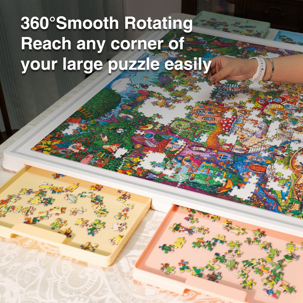 WELGEE 1500-Piece White Rotating Puzzle Board with 4-Color Drawers & Cover – 35"x27" Spinning Table for Adults, Lightweight & Ergonomic