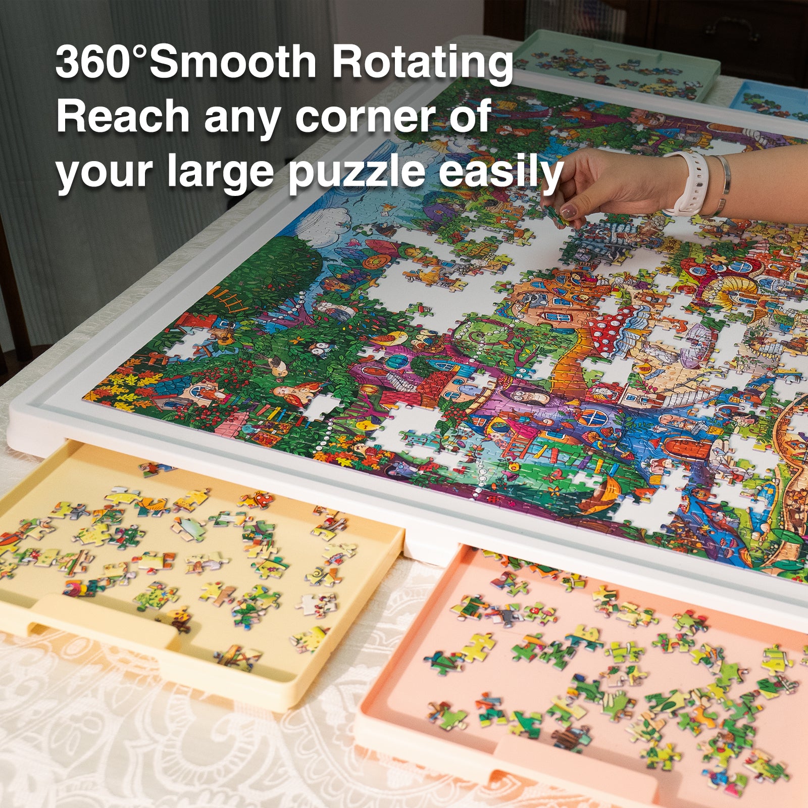 WELGEE 1500-Piece White Rotating Puzzle Board with 4-Color Drawers & Cover – 35"x27" Spinning Table for Adults, Lightweight & Ergonomic