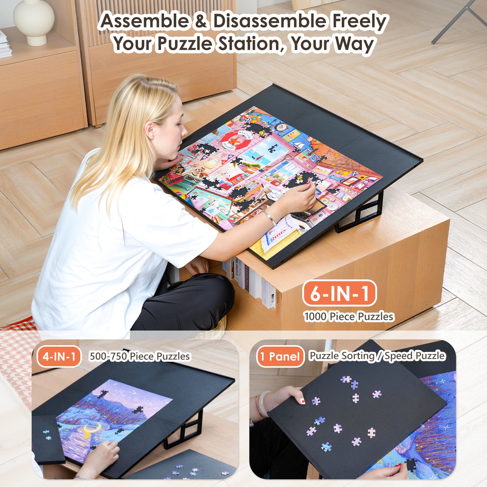 WELGEE DIY Tilting Puzzle Board with 6 Modular Panels & Stand, Lightweight Portable Puzzle Table for Adults & Seniors, Customizable Puzzle Accessory Only 3.5 lbs (Black)