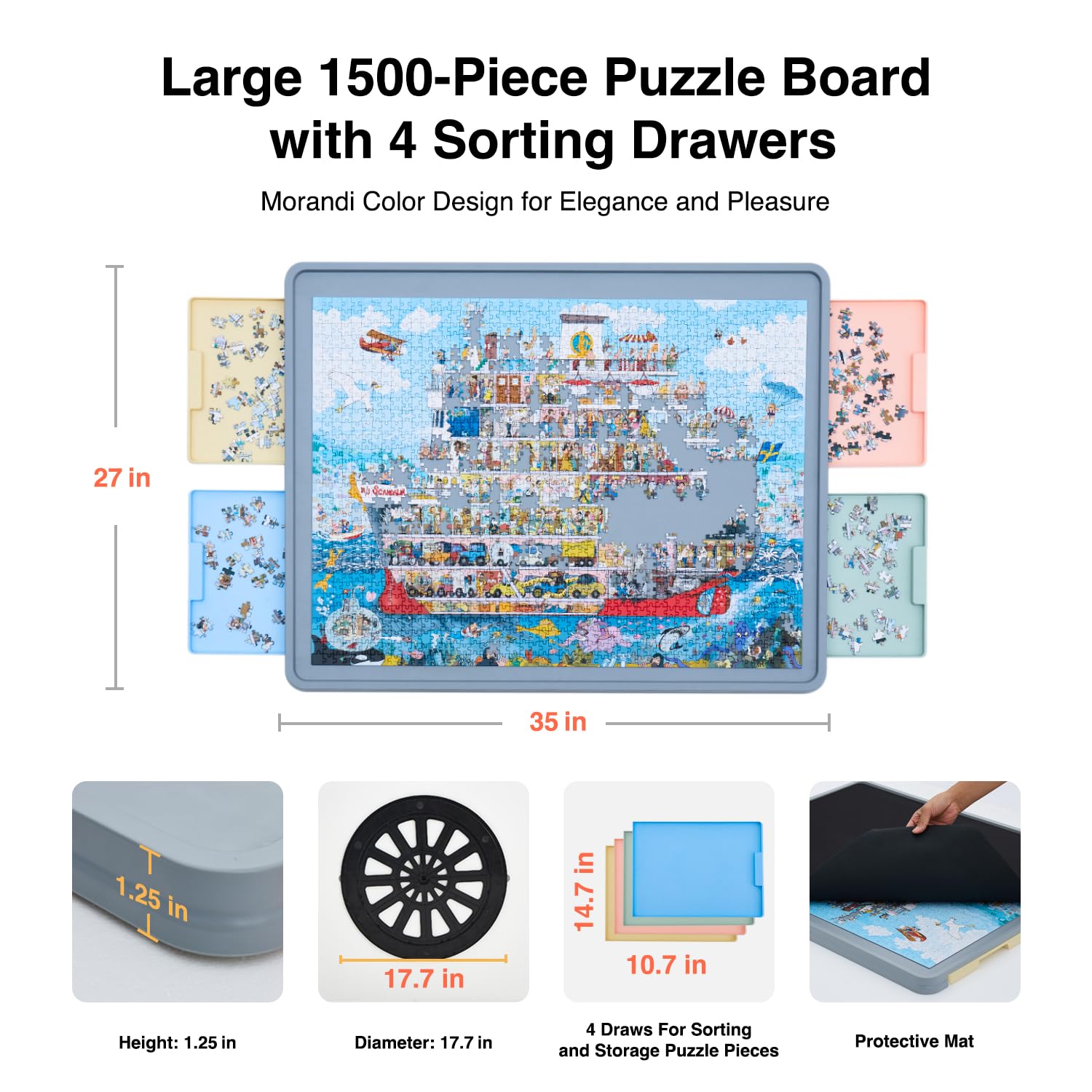 WELGEE 1500-Piece Grey Rotating Puzzle Board with 4-Color Drawers & Cover – 35"x27" Spinning Table for Adults, Lightweight & Ergonomic