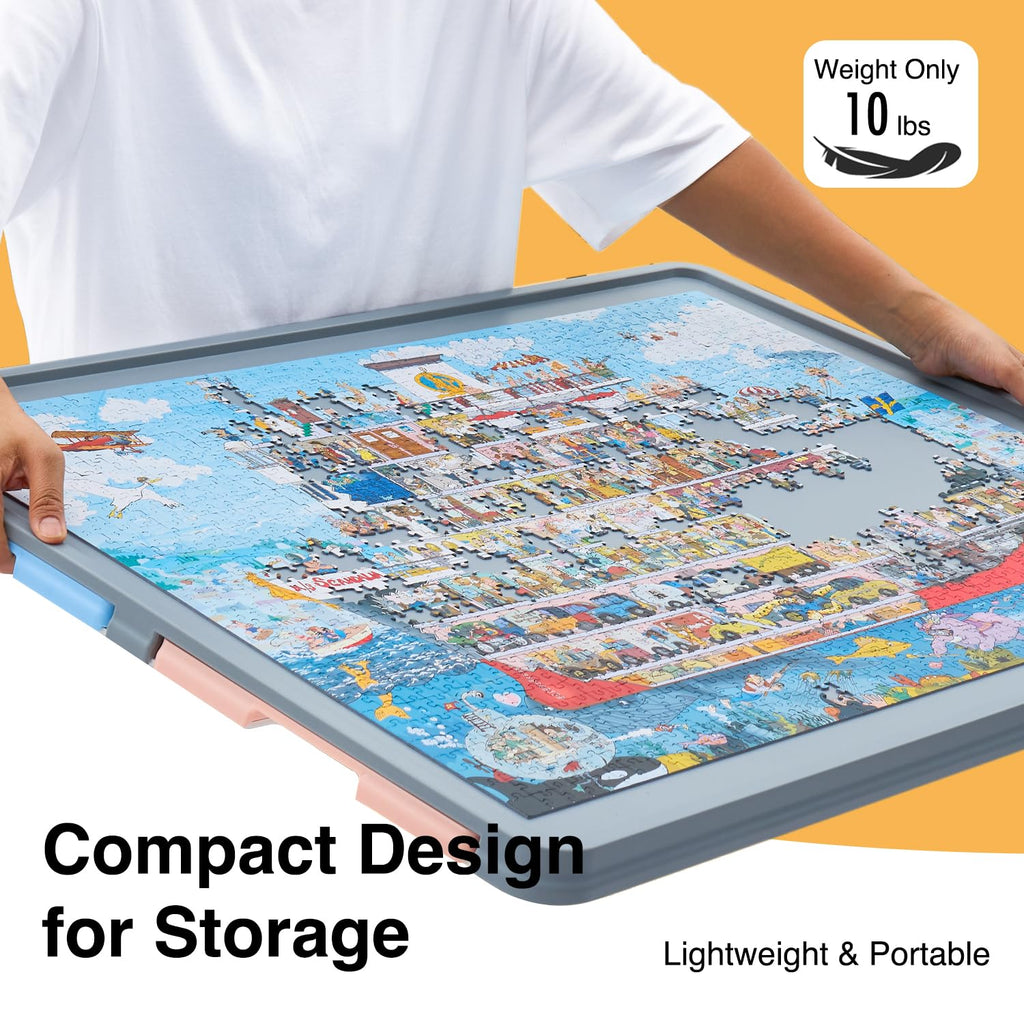 WELGEE 1500-Piece White Rotating Puzzle Board with 4-Color Drawers & Cover – 35"x27" Spinning Table for Adults, Lightweight & Ergonomic