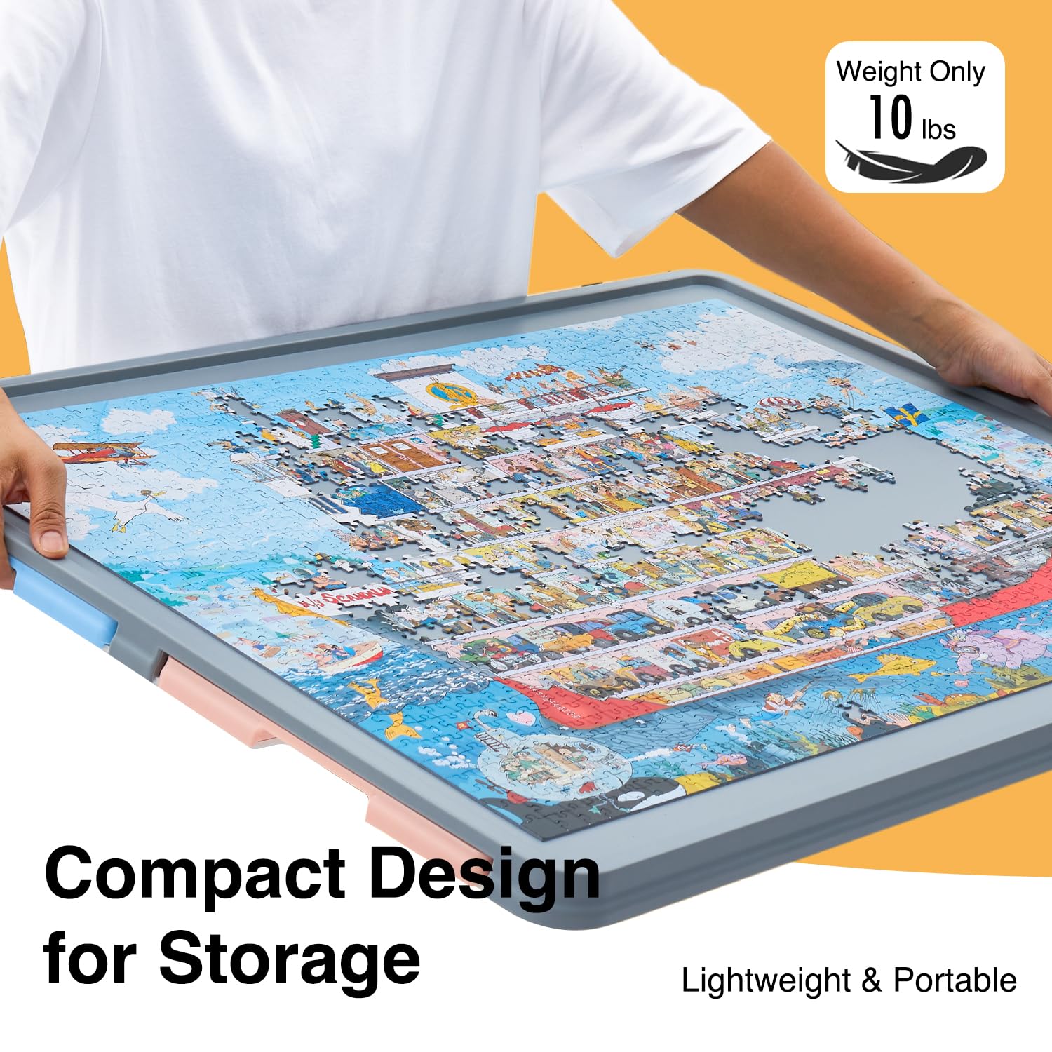 WELGEE 1500-Piece White Rotating Puzzle Board with 4-Color Drawers & Cover – 35"x27" Spinning Table for Adults, Lightweight & Ergonomic