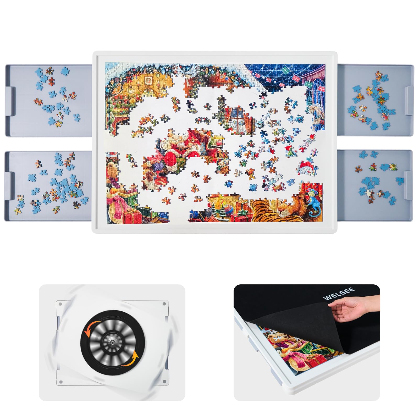 WELGEE 1000-Piece Rotating Puzzle Board with Drawers & Cover – 30"x22" Lightweight Spinning Puzzle Table for Adults