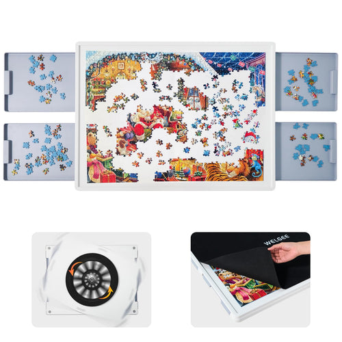 WELGEE 1000-Piece Rotating Puzzle Board with Drawers & Cover – 30"x22" Lightweight Spinning Puzzle Table for Adults