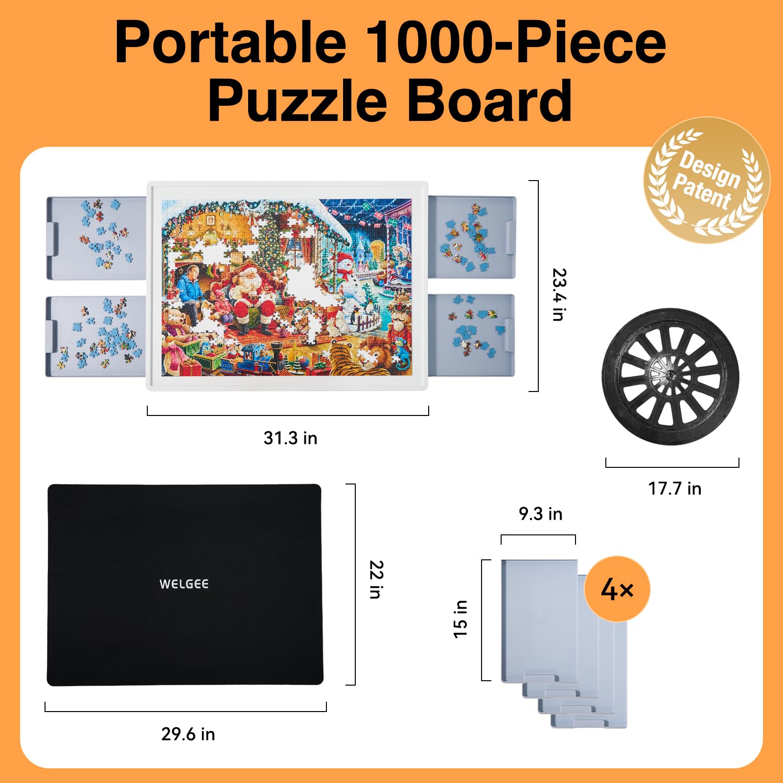 WELGEE 1000-Piece Rotating Puzzle Board with Drawers & Cover – 30"x22" Lightweight Spinning Puzzle Table for Adults